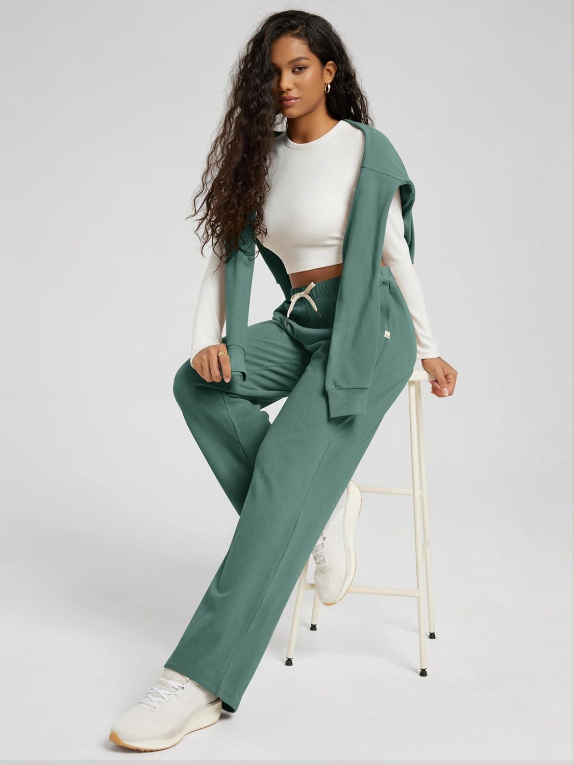 imageODODOS Womens Brushed Fleece Straight Leg Pants  Cozy Warm HighRise Relaxed Lounge Sweatpants with Pockets  29quot InseamTeal Green Heather