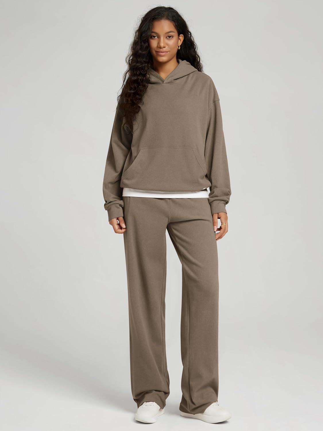 imageODODOS Womens Brushed Fleece Straight Leg Pants  Cozy Warm HighRise Relaxed Lounge Sweatpants with Pockets  29quot InseamWood Brown Heather