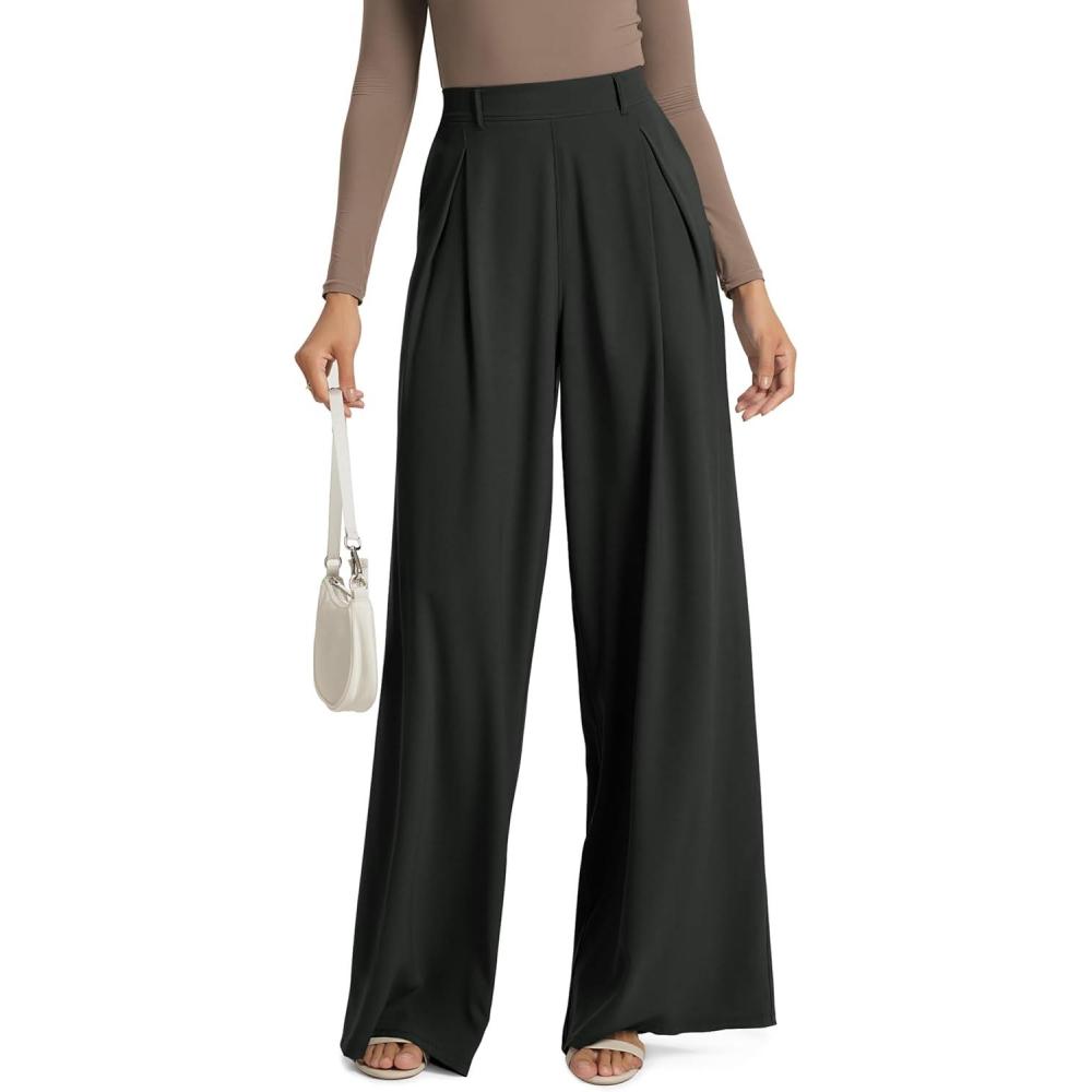 imageODODOS Chiffon Flowy Pleated Wide Leg Pants for Women Lightweight High Waist Trouser with Pockets2729quot 31quot InseamClassic Black