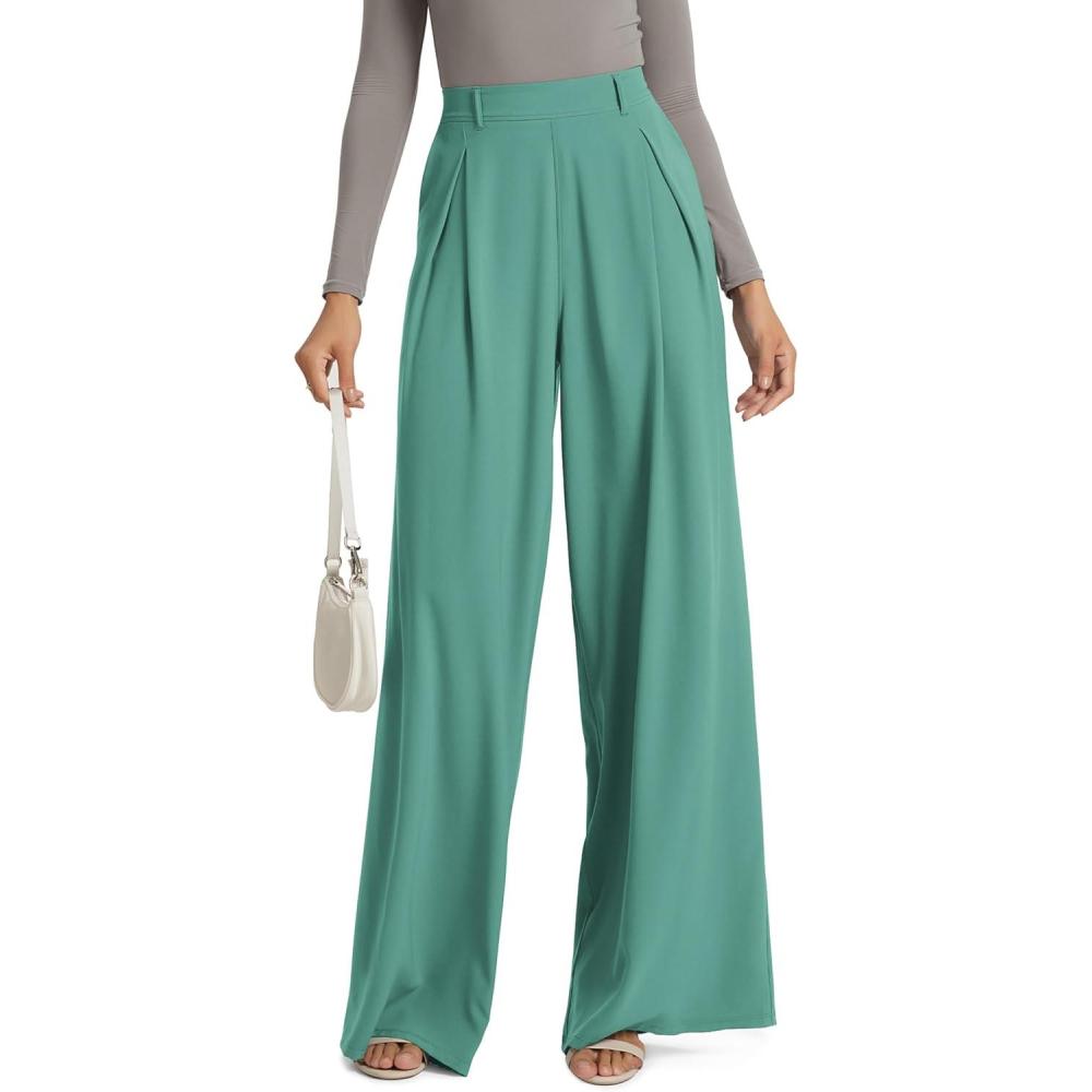 imageODODOS Chiffon Flowy Pleated Wide Leg Pants for Women Lightweight High Waist Trouser with Pockets2729quot 31quot InseamLake Green