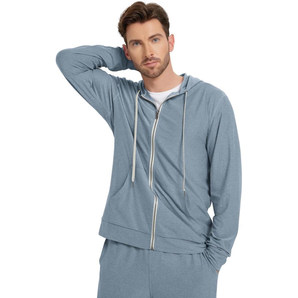 imageODODOS Mens FullZip Hoodie  Stratum Tech Ultra Soft Outfit UPF 50 Performance Hooded Jacket with PocketsDusty Blue Heather