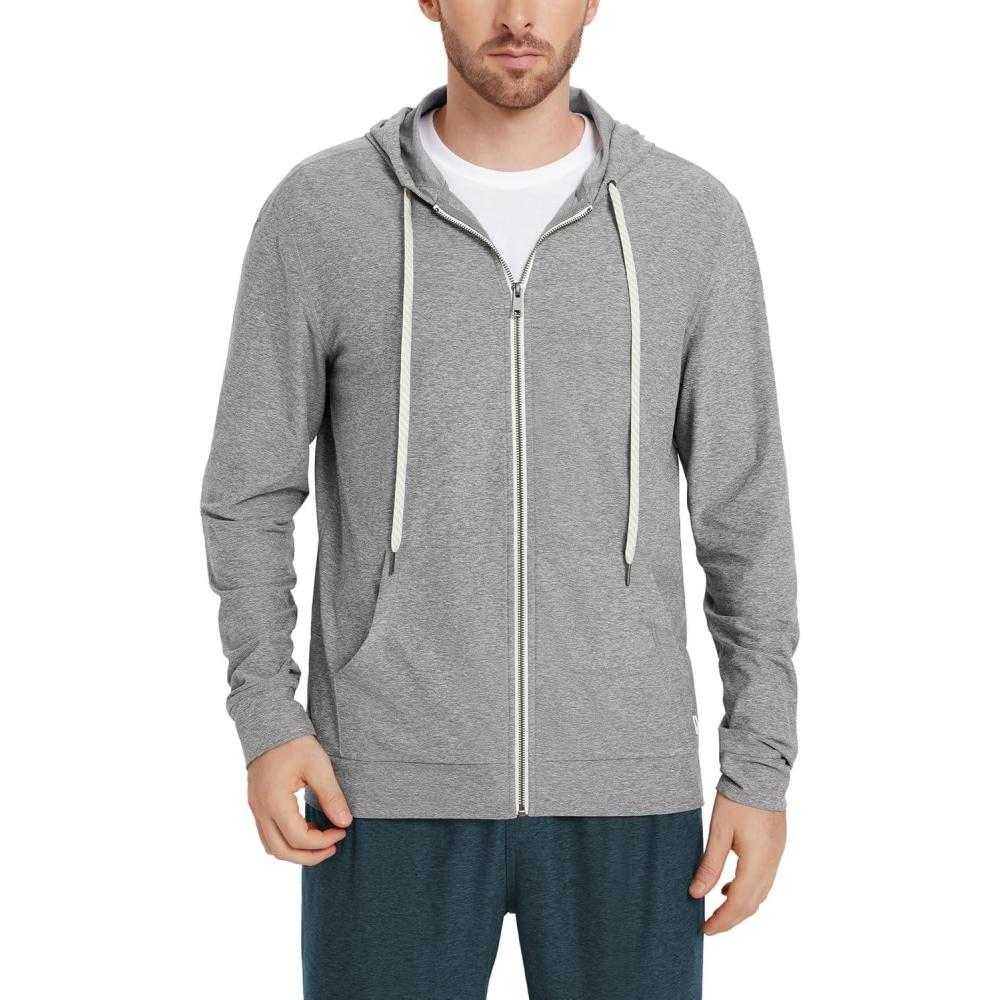 imageODODOS Mens FullZip Hoodie  Stratum Tech Ultra Soft Outfit UPF 50 Performance Hooded Jacket with PocketsGrey Heather