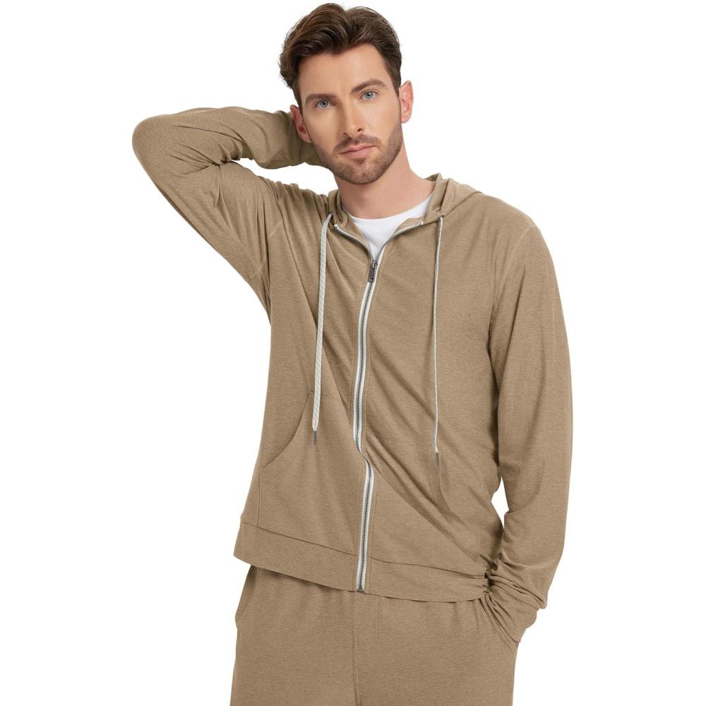 imageODODOS Mens FullZip Hoodie  Stratum Tech Ultra Soft Outfit UPF 50 Performance Hooded Jacket with PocketsKhaki Heather