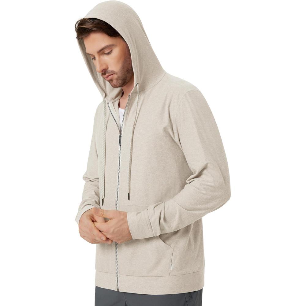 imageODODOS Mens FullZip Hoodie  Stratum Tech Ultra Soft Outfit UPF 50 Performance Hooded Jacket with PocketsMilkweed Heather