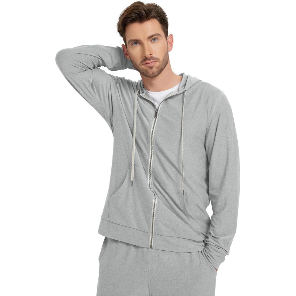 imageODODOS Mens FullZip Hoodie  Stratum Tech Ultra Soft Outfit UPF 50 Performance Hooded Jacket with PocketsPale Grey Heather
