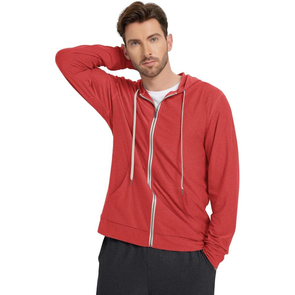 imageODODOS Mens FullZip Hoodie  Stratum Tech Ultra Soft Outfit UPF 50 Performance Hooded Jacket with PocketsRed Heather
