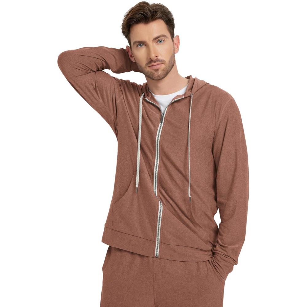 imageODODOS Mens FullZip Hoodie  Stratum Tech Ultra Soft Outfit UPF 50 Performance Hooded Jacket with PocketsTamarind Heather