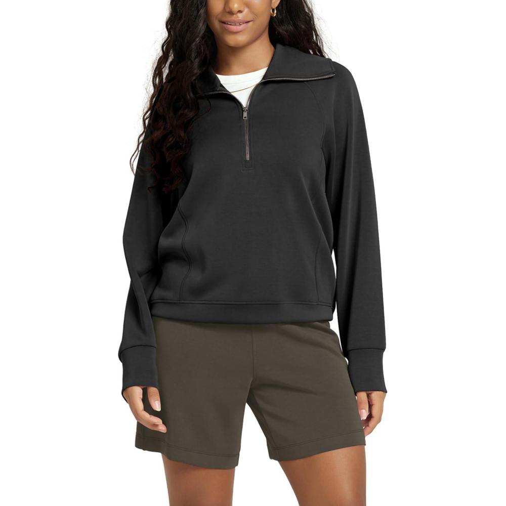 imageODODOS Modal Soft HalfZip Sweatshirts for Women Long Sleeve Relaxed Fit Collared Pullover TopBlack