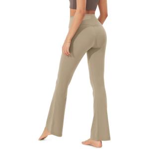imageODODOS Womens Crossover Flared Yoga Pants Cloud Feeling Soft High Waist Bootcut Leggings with Back Pocket 30quot  32quot InseamShaker Beige