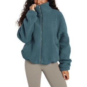 imageODODOS Womens Sherpa Fleece FullZip Jacket Long Sleeve Coat Soft Warm Cinchable Outerwear with PocketsSaxony Blue