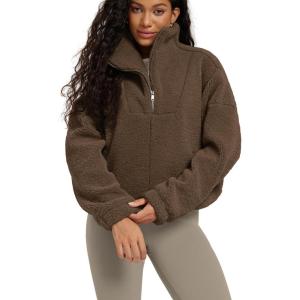 imageODODOS Womens Sherpa Fleece HalfZip Pullover  Cozy Warm Long Sleeve Sweatshirt Cinchable Outerwear with PocketsCoffee Brown