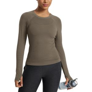 image:imageODODOS Womens Seamless Performance Long Sleeve TShirt  Lightweight Breathable Slim Fit Running Workout Top Waist LengthDark Olive