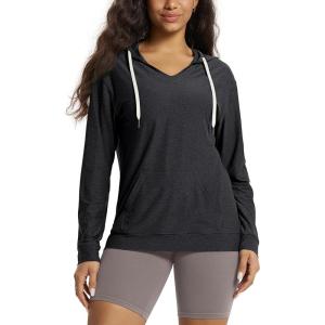 image:imageODODOS Womens VNeck Oversized Hoodie  Ultra Soft odSTRATUM Tech Pullover Side Slit Long Sleeve Tops with Kangaroo PocketBlack Heather