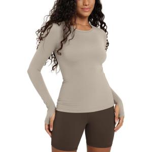 image:imageODODOS Womens Long Sleeve Shirts with Thumb Hole Cloud Feeling Soft Crew Neck Slim Fit Tee Yoga Athletic Workout TopsDark Beige