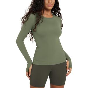image:imageODODOS Womens Long Sleeve Shirts with Thumb Hole Cloud Feeling Soft Crew Neck Slim Fit Tee Yoga Athletic Workout TopsDark Olive