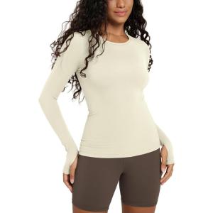 image:imageODODOS Womens Long Sleeve Shirts with Thumb Hole Cloud Feeling Soft Crew Neck Slim Fit Tee Yoga Athletic Workout TopsOat Milk
