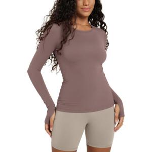 image:imageODODOS Womens Long Sleeve Shirts with Thumb Hole Cloud Feeling Soft Crew Neck Slim Fit Tee Yoga Athletic Workout TopsPurple Taupe