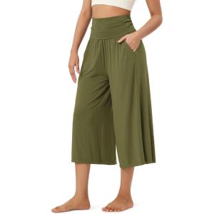 image:imageODODOS Womens Wide Leg Palazzo Lounge Cropped Pants with Pockets Light Weight Comfy Pajama Capri Pants2022 24 InseamArmy