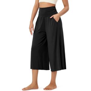 image:imageODODOS Womens Wide Leg Palazzo Lounge Cropped Pants with Pockets Light Weight Comfy Pajama Capri Pants2022 24 InseamBlack