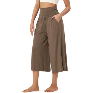 image:imageODODOS Womens Wide Leg Palazzo Lounge Cropped Pants with Pockets Light Weight Comfy Pajama Capri Pants2022 24 InseamBrownie