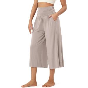 image:imageODODOS Womens Wide Leg Palazzo Lounge Cropped Pants with Pockets Light Weight Comfy Pajama Capri Pants2022 24 InseamLight Beige