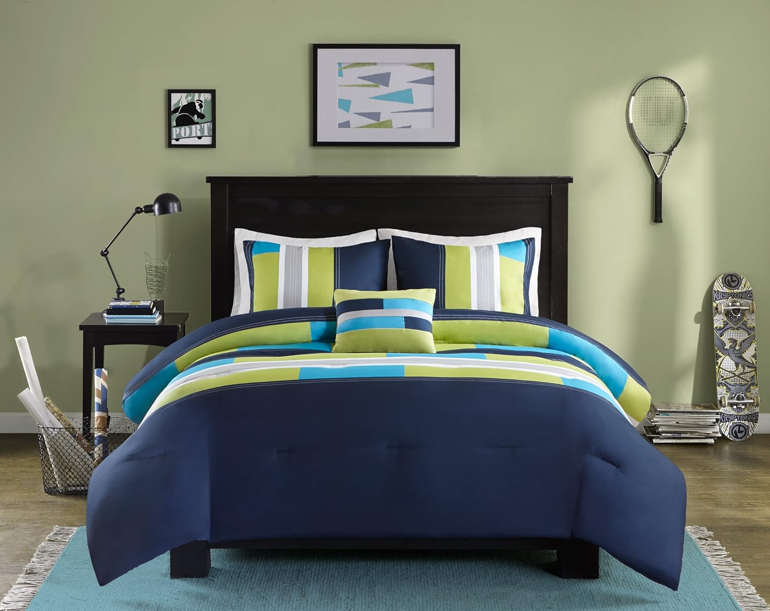 Comfort Spaces Casual Comforter Set Sporty Design Vibrant Color Active Lifestyle Boys Bedroom Dcor All Season Soft Microfiber Bedding Set Decorative Pillow Sham BlackRed Queen 4 PieceStripe NavyBlue