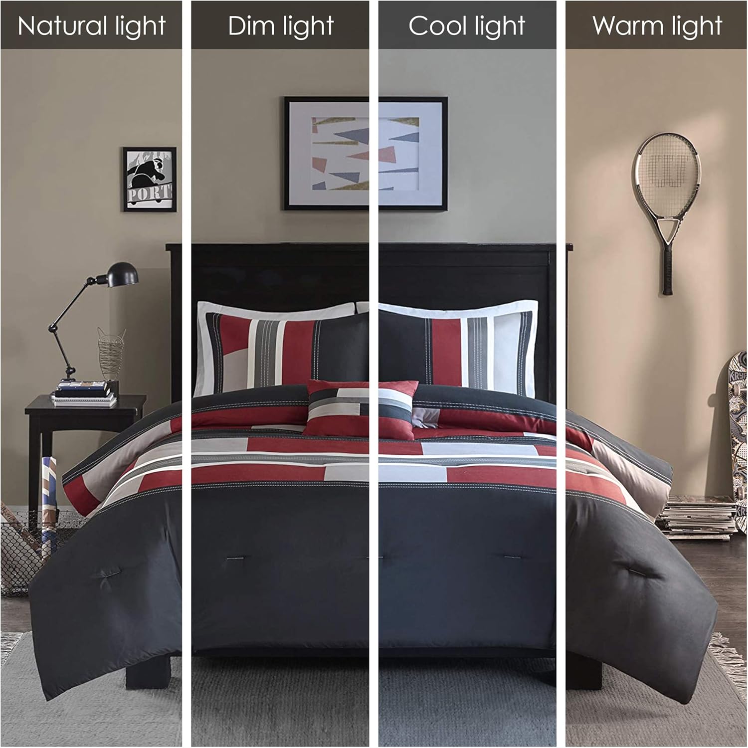Comfort Spaces Casual Comforter Set Sporty Design Vibrant Color Active Lifestyle Boys Bedroom Dcor All Season Soft Microfiber Bedding Set Decorative Pillow Sham BlackRed Queen 4 PieceStripe BlackRed