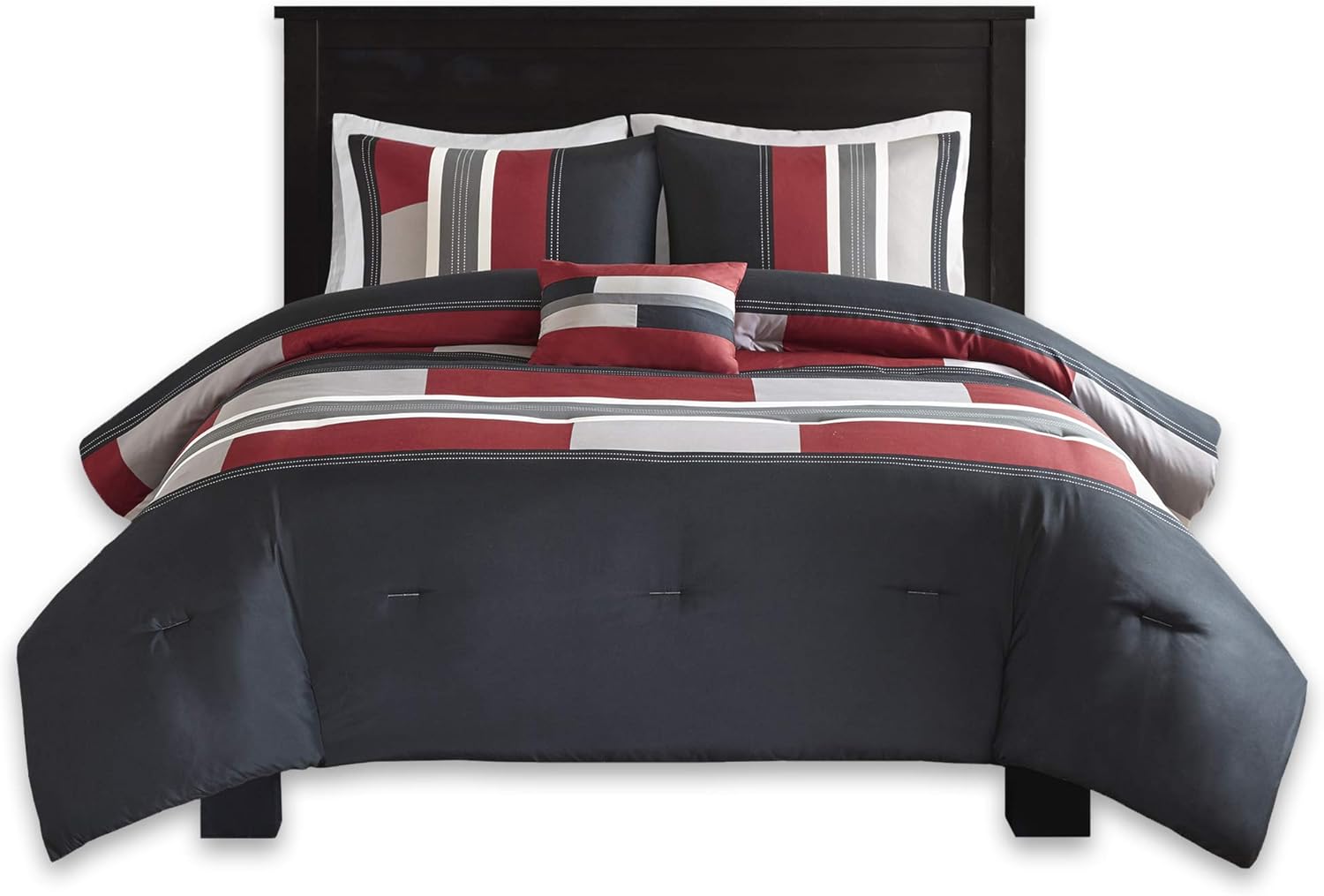Comfort Spaces Casual Comforter Set Sporty Design Vibrant Color Active Lifestyle Boys Bedroom Dcor All Season Soft Microfiber Bedding Set Decorative Pillow Sham BlackRed Queen 4 PieceStripe BlackRed
