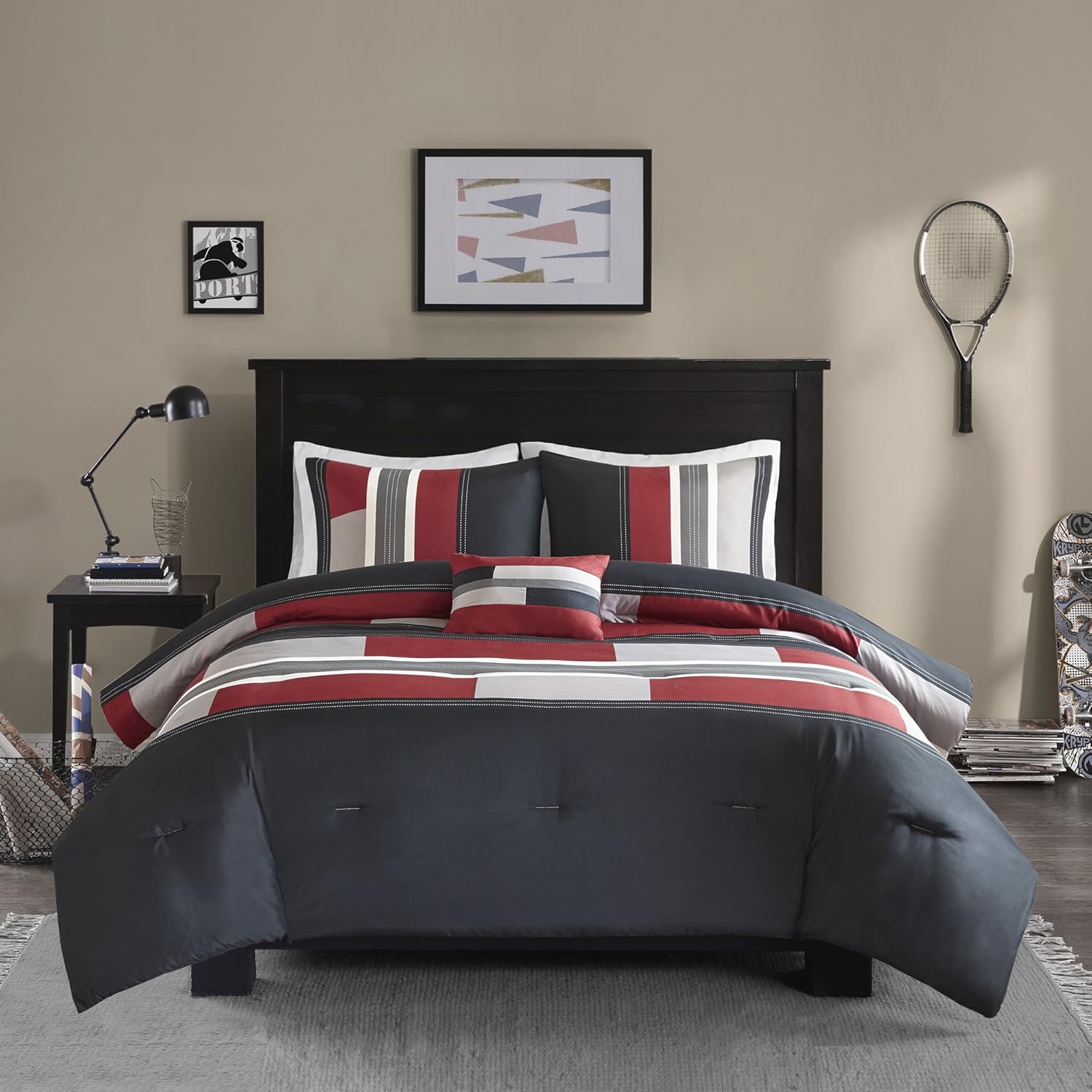 Comfort Spaces Casual Comforter Set Sporty Design Vibrant Color Active Lifestyle Boys Bedroom Dcor All Season Soft Microfiber Bedding Set Decorative Pillow Sham BlackRed Queen 4 PieceStripe BlackRed