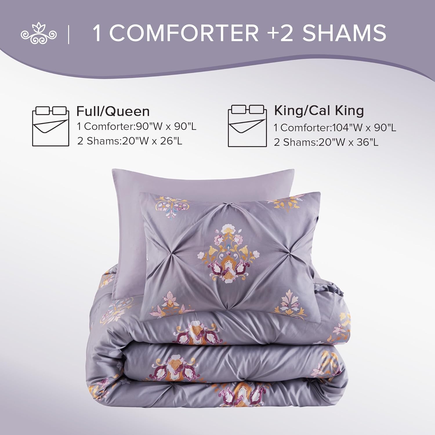 Comfort Spaces Purple Queen Comforter Set  3 Pieces Pintuck Tufted Vintage Floral Bedding Set Queen All Seasons SkinFriendly Lightweight ampamp Soft Microfiber Queen Bed Set Shams Misha FullQueenPurple
