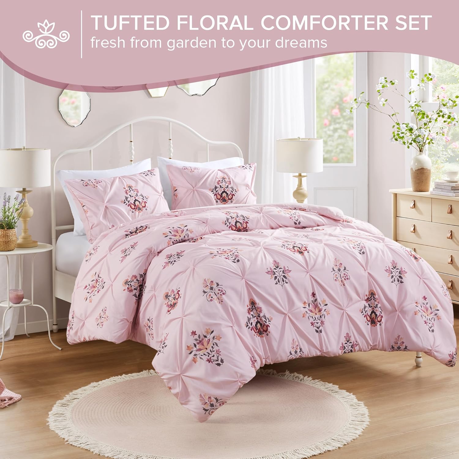 Comfort Spaces Purple Queen Comforter Set  3 Pieces Pintuck Tufted Vintage Floral Bedding Set Queen All Seasons SkinFriendly Lightweight ampamp Soft Microfiber Queen Bed Set Shams Misha FullQueenPink