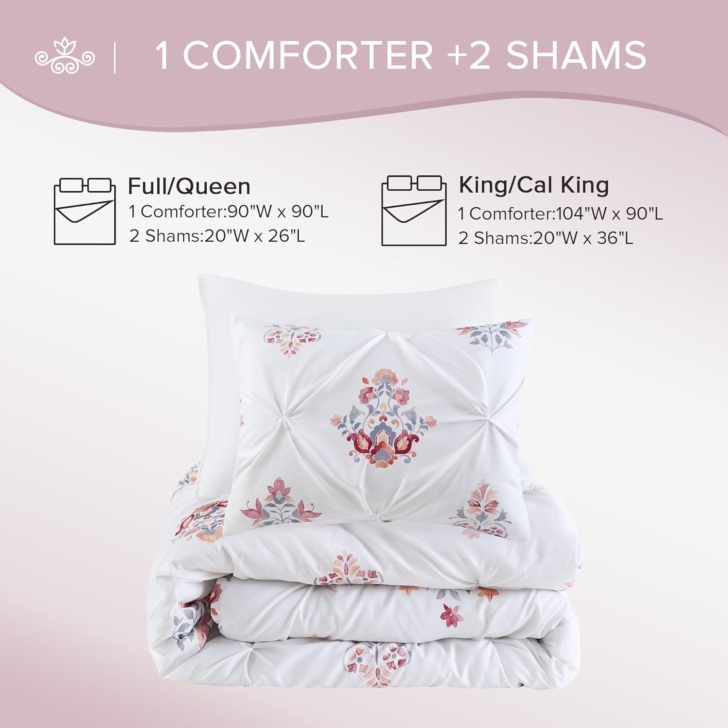Comfort Spaces Purple Queen Comforter Set  3 Pieces Pintuck Tufted Vintage Floral Bedding Set Queen All Seasons SkinFriendly Lightweight ampamp Soft Microfiber Queen Bed Set Shams Misha FullQueenWhite