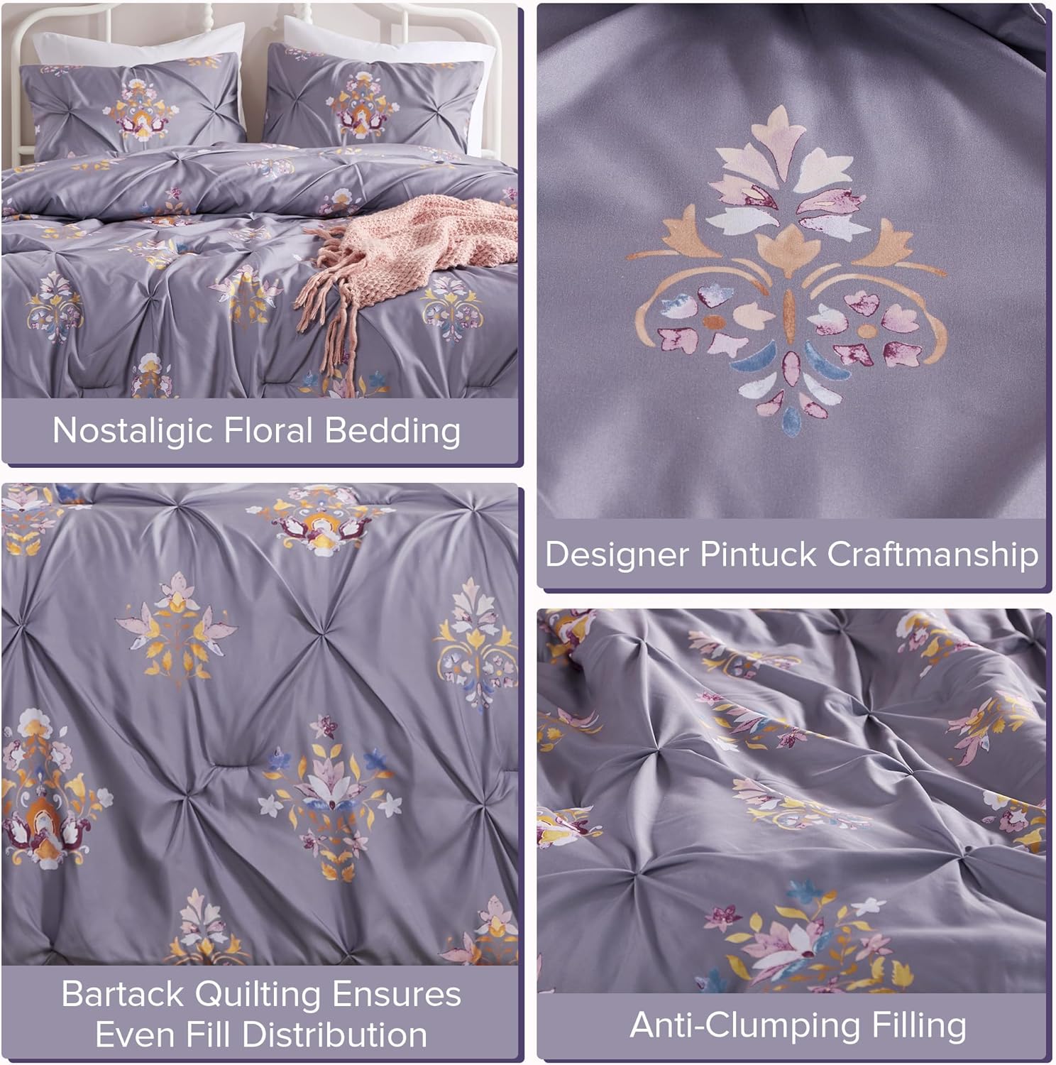 Comfort Spaces Purple Queen Comforter Set  3 Pieces Pintuck Tufted Vintage Floral Bedding Set Queen All Seasons SkinFriendly Lightweight ampamp Soft Microfiber Queen Bed Set Shams Misha FullQueenPurple