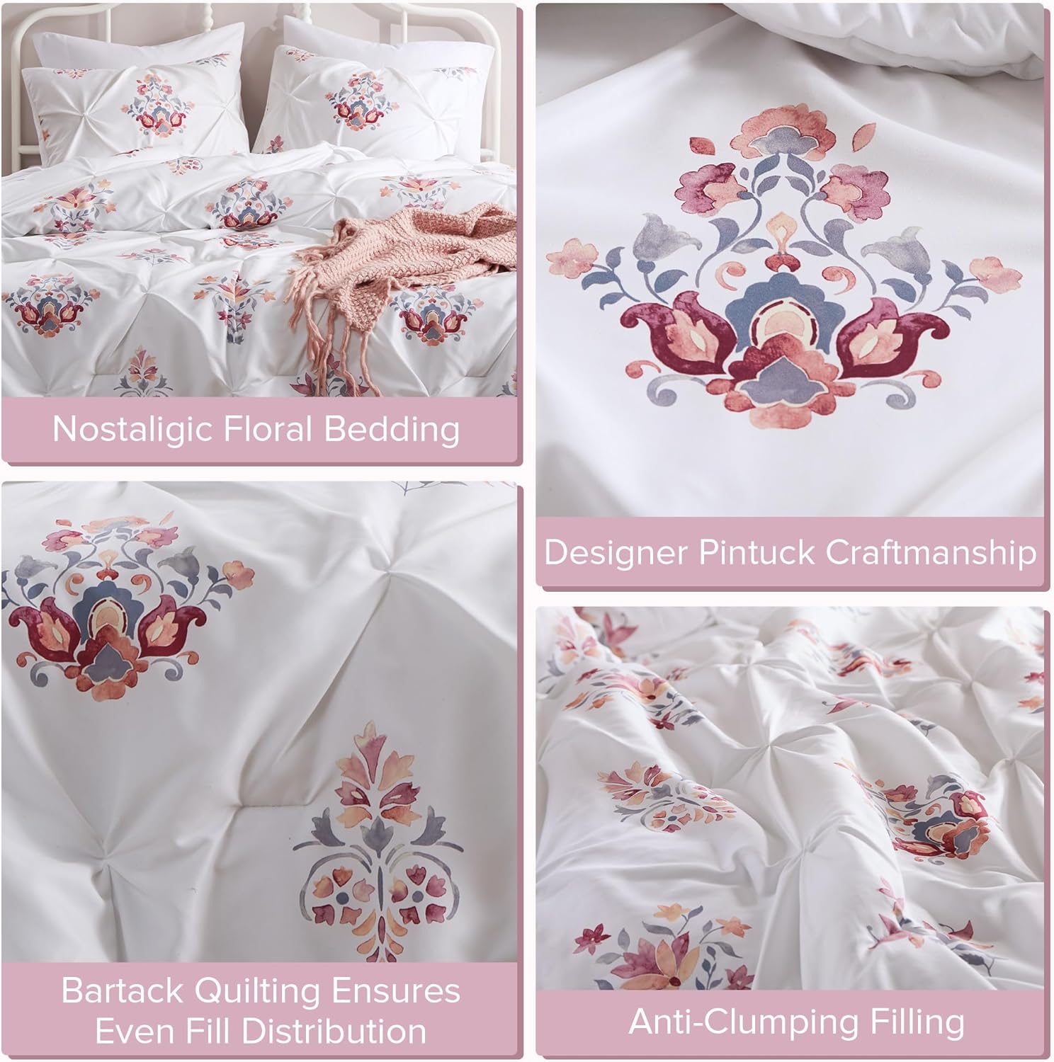 Comfort Spaces Purple Queen Comforter Set  3 Pieces Pintuck Tufted Vintage Floral Bedding Set Queen All Seasons SkinFriendly Lightweight ampamp Soft Microfiber Queen Bed Set Shams Misha FullQueenWhite