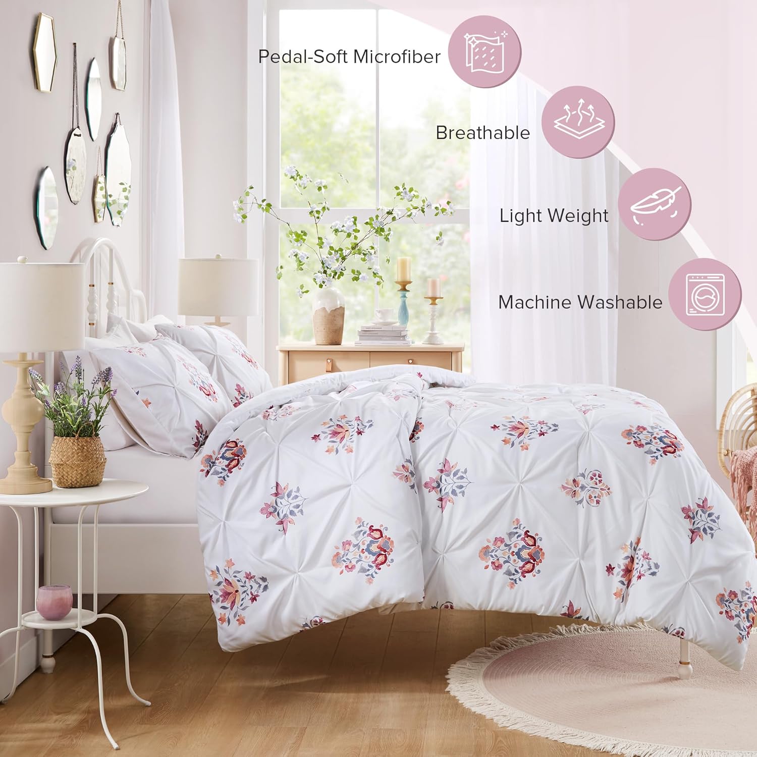 Comfort Spaces Purple Queen Comforter Set  3 Pieces Pintuck Tufted Vintage Floral Bedding Set Queen All Seasons SkinFriendly Lightweight ampamp Soft Microfiber Queen Bed Set Shams Misha FullQueenWhite