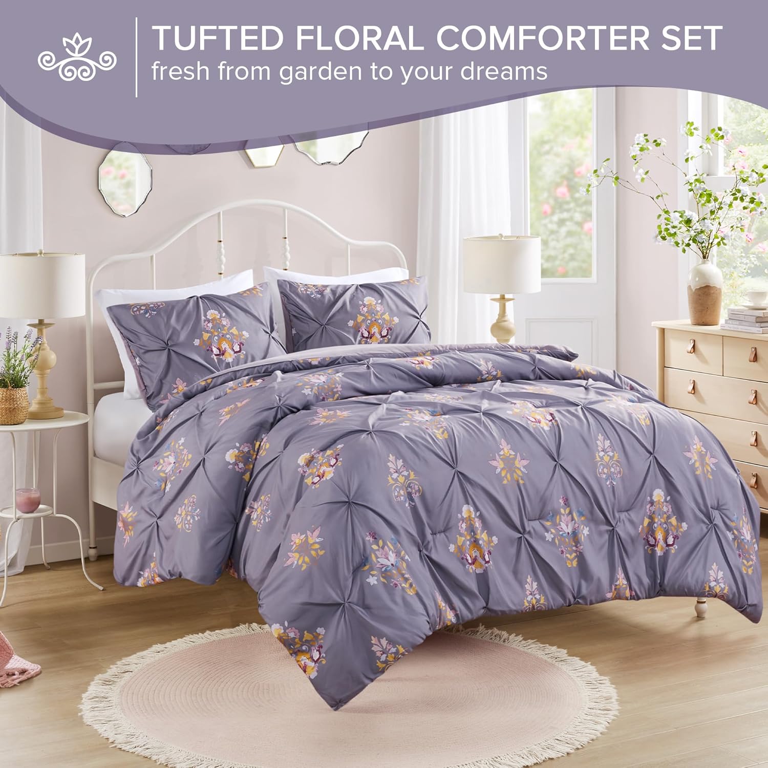 Comfort Spaces Purple Queen Comforter Set  3 Pieces Pintuck Tufted Vintage Floral Bedding Set Queen All Seasons SkinFriendly Lightweight ampamp Soft Microfiber Queen Bed Set Shams Misha FullQueenPurple