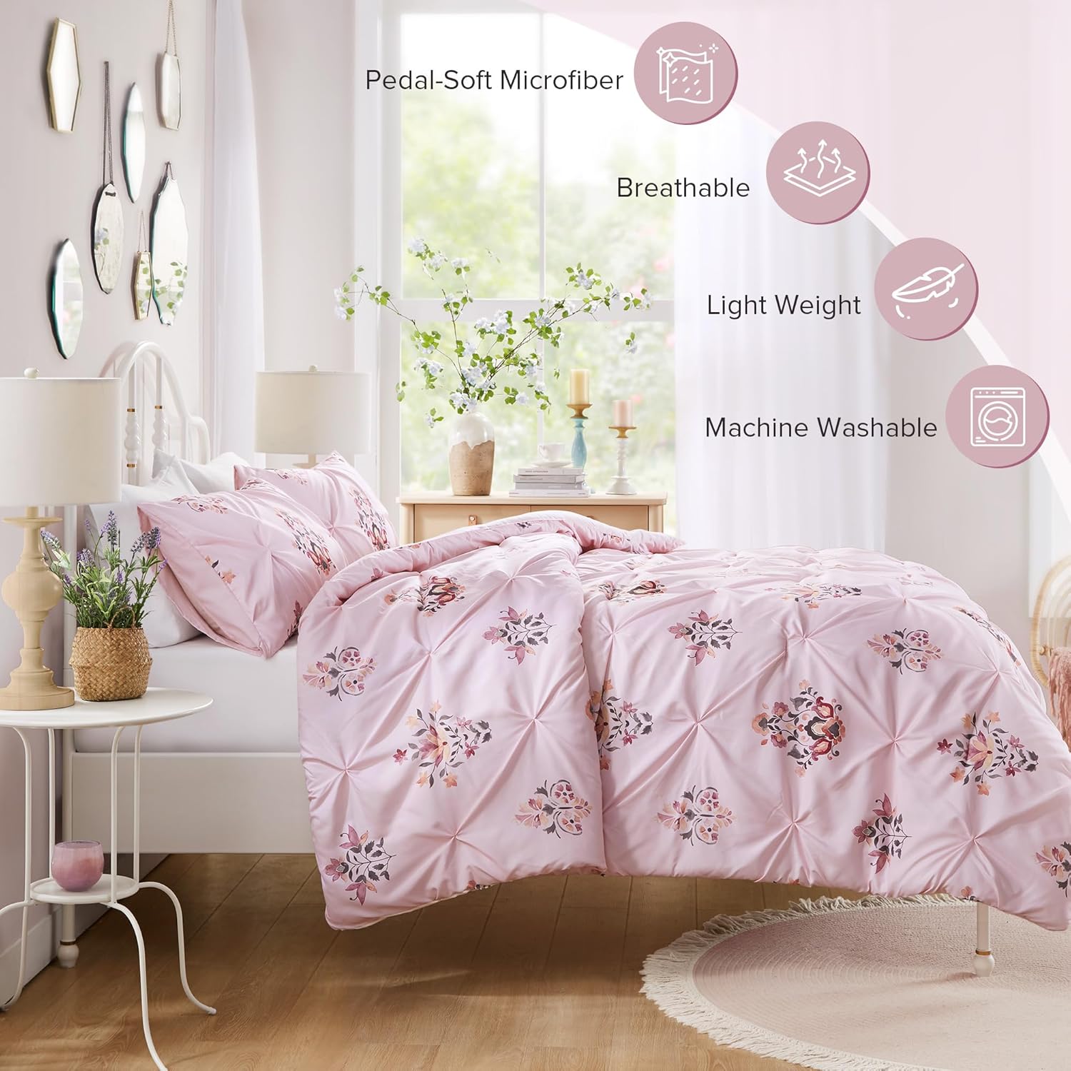 Comfort Spaces Purple Queen Comforter Set  3 Pieces Pintuck Tufted Vintage Floral Bedding Set Queen All Seasons SkinFriendly Lightweight ampamp Soft Microfiber Queen Bed Set Shams Misha FullQueenPink