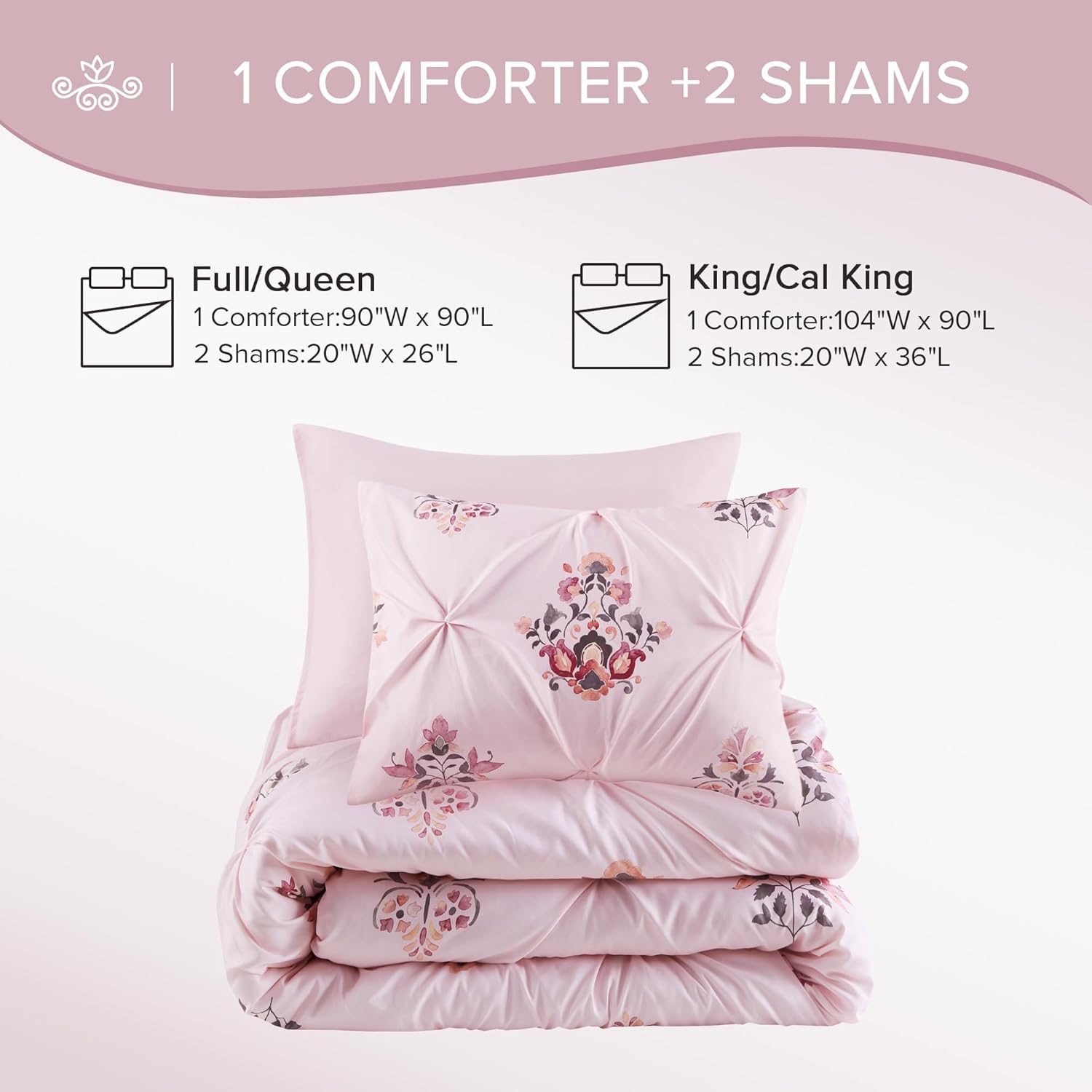 Comfort Spaces Purple Queen Comforter Set  3 Pieces Pintuck Tufted Vintage Floral Bedding Set Queen All Seasons SkinFriendly Lightweight ampamp Soft Microfiber Queen Bed Set Shams Misha FullQueenPink