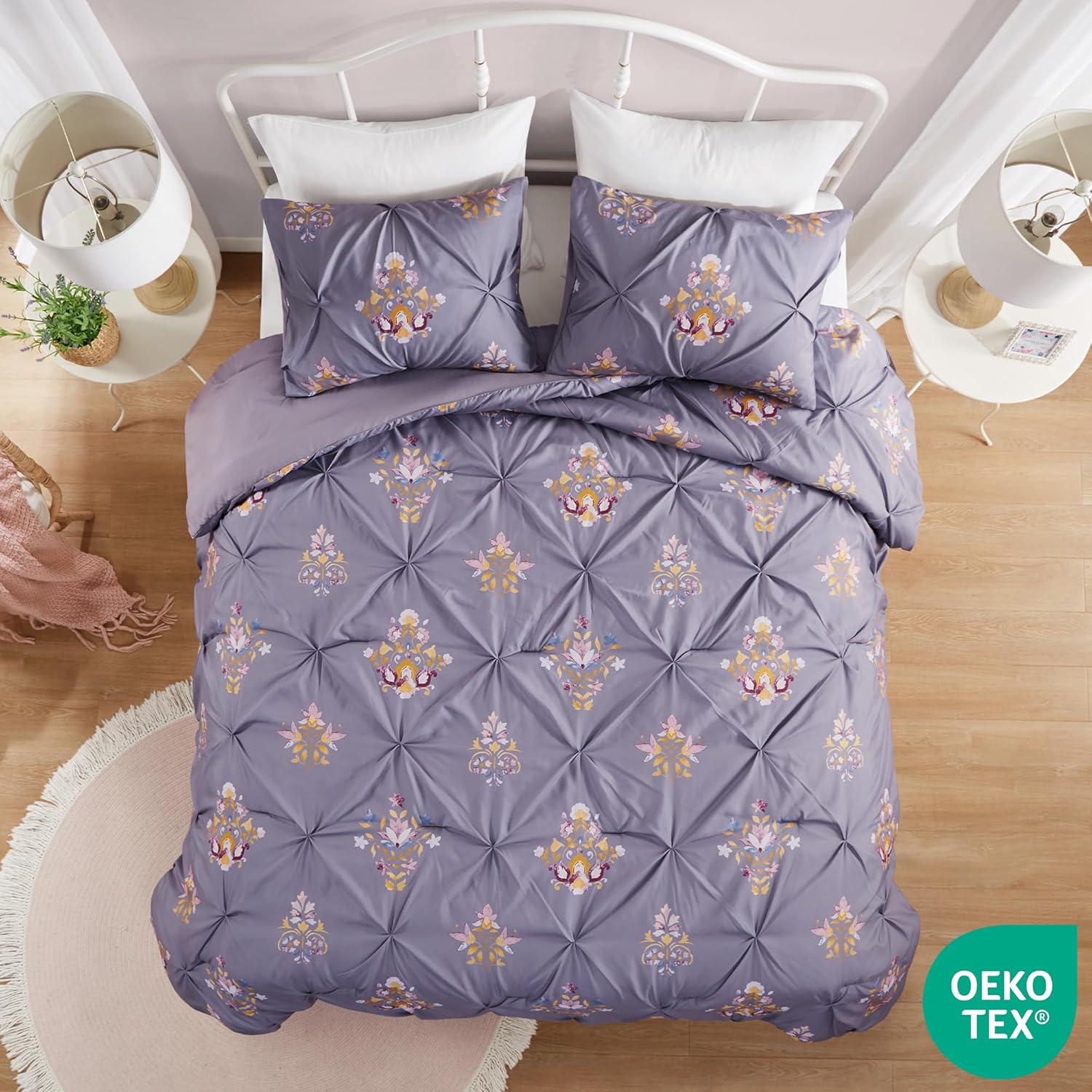 Comfort Spaces Purple Queen Comforter Set  3 Pieces Pintuck Tufted Vintage Floral Bedding Set Queen All Seasons SkinFriendly Lightweight ampamp Soft Microfiber Queen Bed Set Shams Misha FullQueenPurple