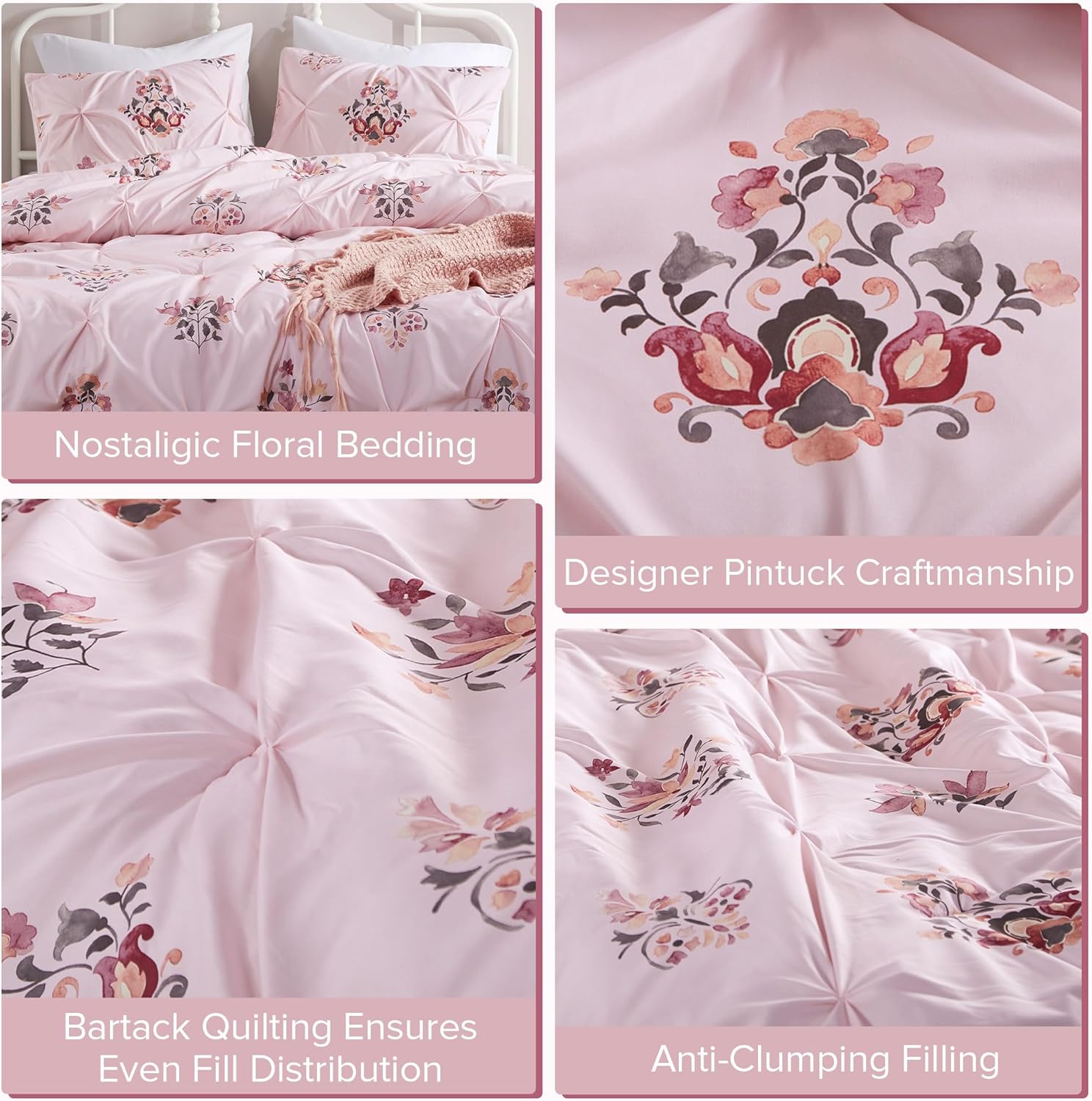 Comfort Spaces Purple Queen Comforter Set  3 Pieces Pintuck Tufted Vintage Floral Bedding Set Queen All Seasons SkinFriendly Lightweight ampamp Soft Microfiber Queen Bed Set Shams Misha FullQueenPink