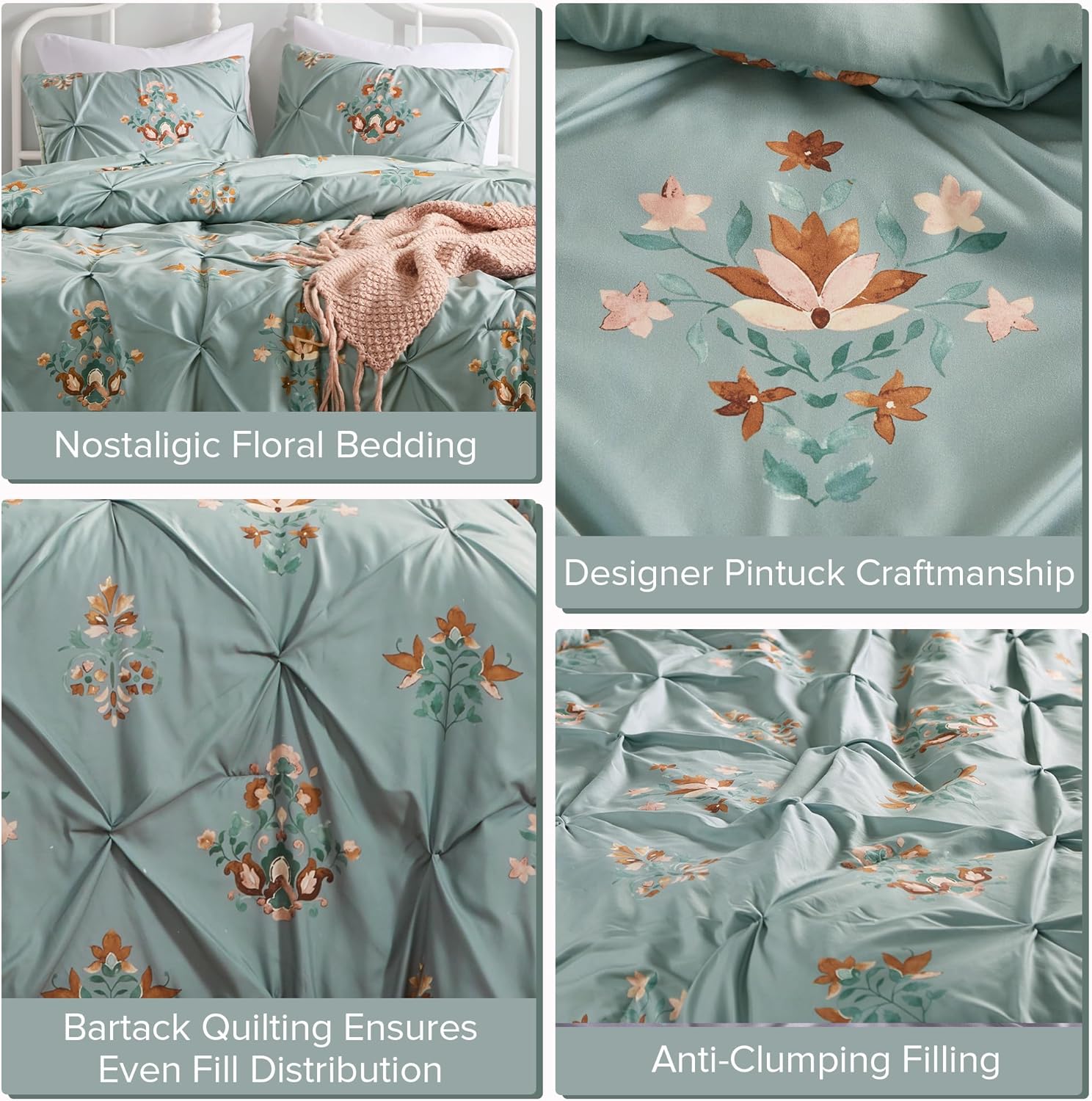 Comfort Spaces Purple Queen Comforter Set  3 Pieces Pintuck Tufted Vintage Floral Bedding Set Queen All Seasons SkinFriendly Lightweight ampamp Soft Microfiber Queen Bed Set Shams Misha FullQueenGreen