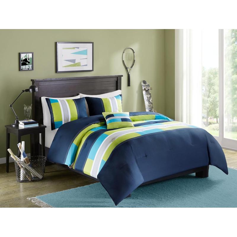 Comfort Spaces Casual Comforter Set Sporty Design Vibrant Color Active Lifestyle Boys Bedroom Dcor All Season Soft Microfiber Bedding Set Decorative Pillow Sham BlackRed Queen 4 PieceStripe NavyBlue
