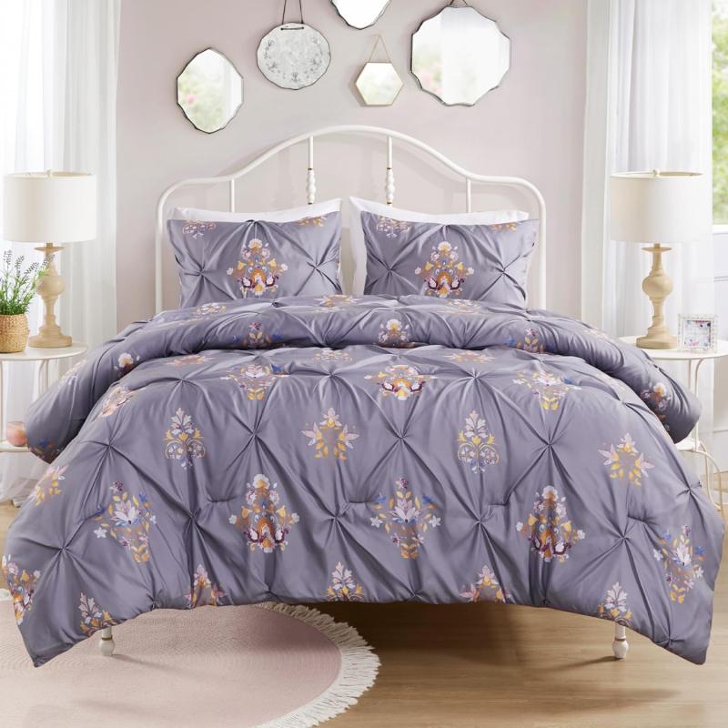 Comfort Spaces Purple Queen Comforter Set  3 Pieces Pintuck Tufted Vintage Floral Bedding Set Queen All Seasons SkinFriendly Lightweight ampamp Soft Microfiber Queen Bed Set Shams Misha FullQueenPurple