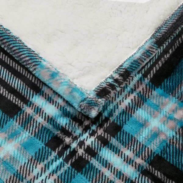 Beautyrest Ultra Soft Sherpa Berber Fleece Electric Poncho Wrap Blanket Heated Throw with Auto Shutoff 50 in x 64 in Grey LatticeAqua Plaid