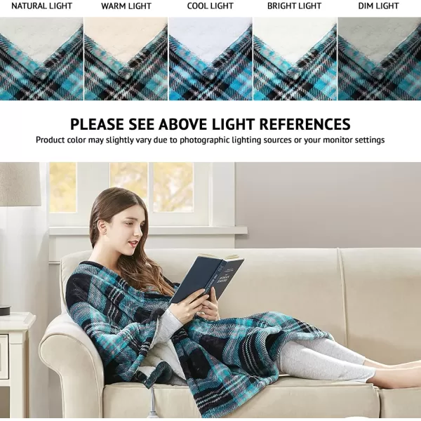 Beautyrest Ultra Soft Sherpa Berber Fleece Electric Poncho Wrap Blanket Heated Throw with Auto Shutoff 50 in x 64 in Grey LatticeAqua Plaid