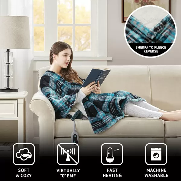 Beautyrest Ultra Soft Sherpa Berber Fleece Electric Poncho Wrap Blanket Heated Throw with Auto Shutoff 50 in x 64 in Grey LatticeAqua Plaid