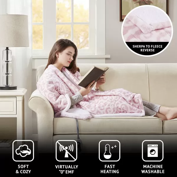 Beautyrest Ultra Soft Sherpa Berber Fleece Electric Poncho Wrap Blanket Heated Throw with Auto Shutoff 50 in x 64 in Grey LatticeBlush Lattice