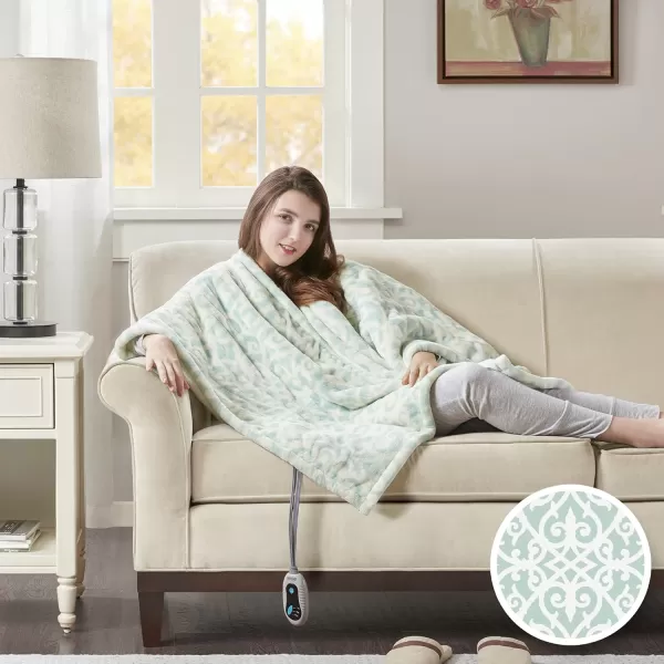 Beautyrest Ultra Soft Sherpa Berber Fleece Electric Poncho Wrap Blanket Heated Throw with Auto Shutoff 50 in x 64 in Grey LatticeDusty Blue Lattice