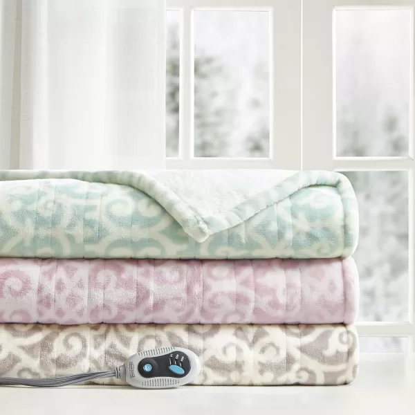 Beautyrest Ultra Soft Sherpa Berber Fleece Electric Poncho Wrap Blanket Heated Throw with Auto Shutoff 50 in x 64 in Grey LatticeDusty Blue Lattice