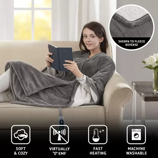 Beautyrest Ultra Soft Sherpa Berber Fleece Electric Poncho Wrap Blanket Heated Throw with Auto Shutoff 50 in x 64 in Grey LatticeGrey